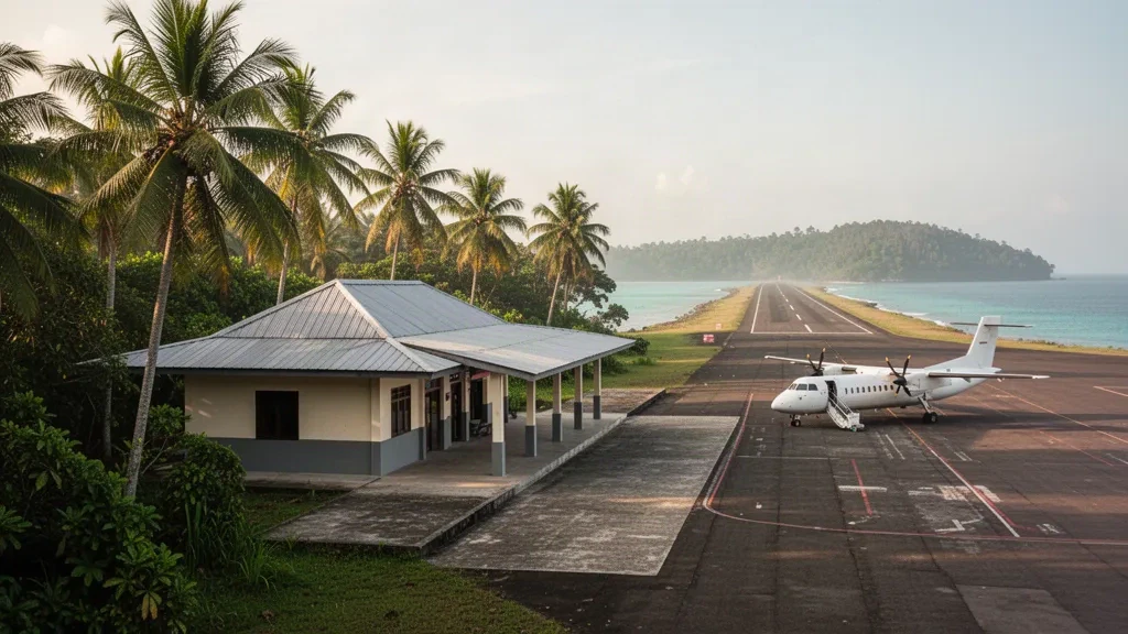 Piccolo terminal aeroportuale su un'isola tropicale, piazzale e pista circondati da palme sull'Isola di Gebe, Indonesia