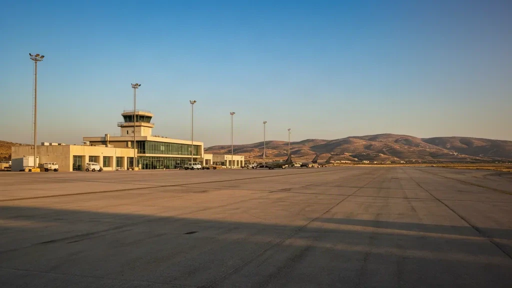 Außenansicht des Terminals und des Kontrollturms der Geçitkale Air Base / Flughafen Lefkoniko GEC in Nordzypern unter einem klaren mediterranen Himmel.