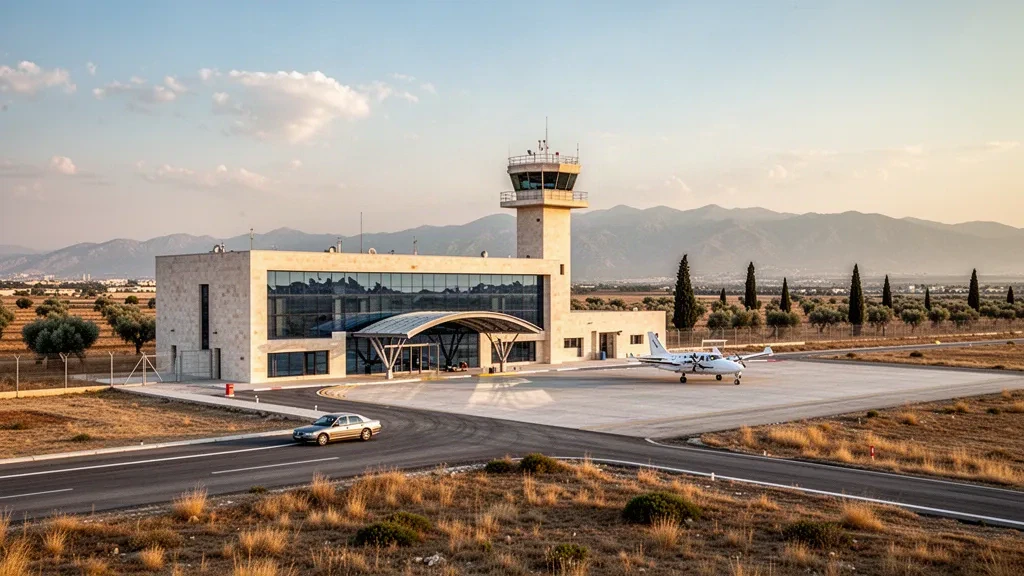 Terminal d'aéroport moderne et piste de la base aérienne de Geçitkale près de Lefkoniko, dans le nord de Chypre, sous une chaude lumière dorée.
