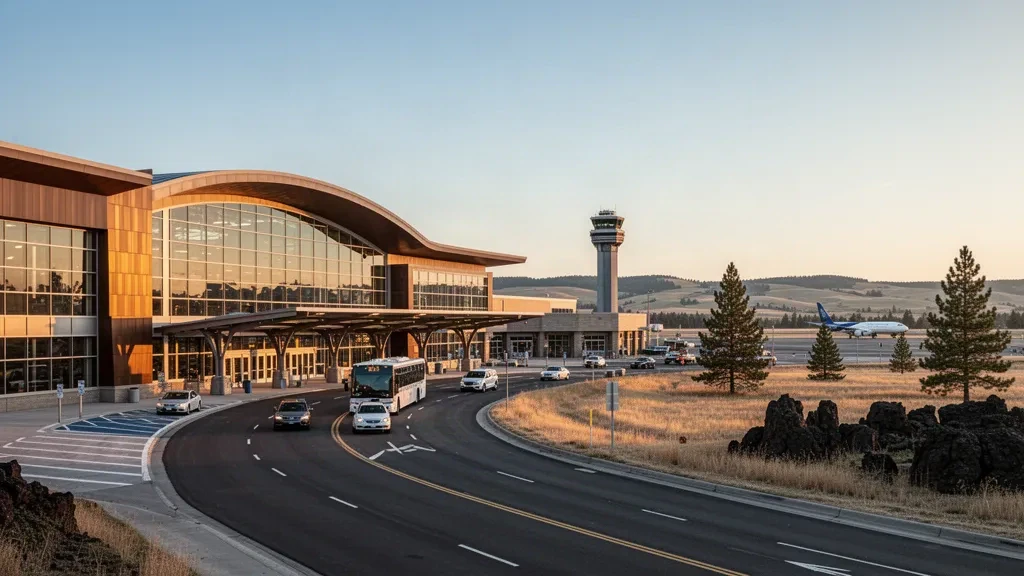 Moderna terminal de vidrio y carretera de acceso curva en el Aeropuerto Internacional de Spokane durante la hora dorada, enmarcadas por pinos y cielo abierto