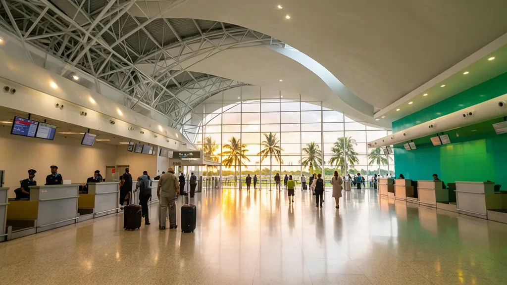Interior luminoso y moderno de la sala de salidas del Aeropuerto Internacional Cheddi Jagan cerca de Georgetown, Guyana, con mostradores de facturación y viajeros