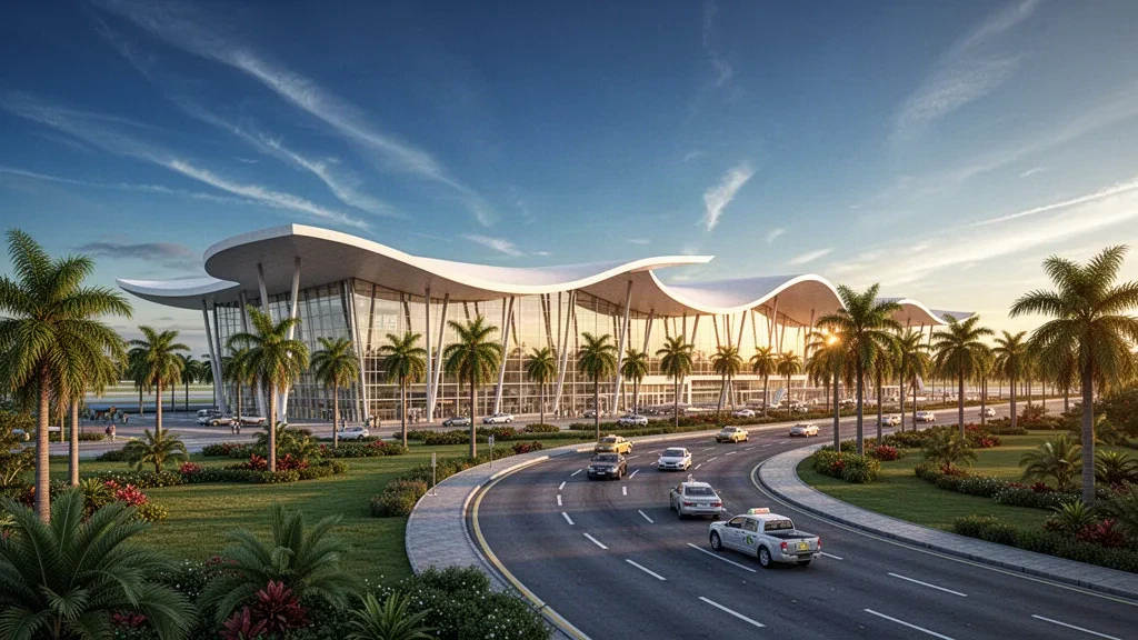 Moderno terminal in vetro e strada d'accesso alberata di palme all'Aeroporto Internazionale Cheddi Jagan in Guyana durante l'ora d'oro
