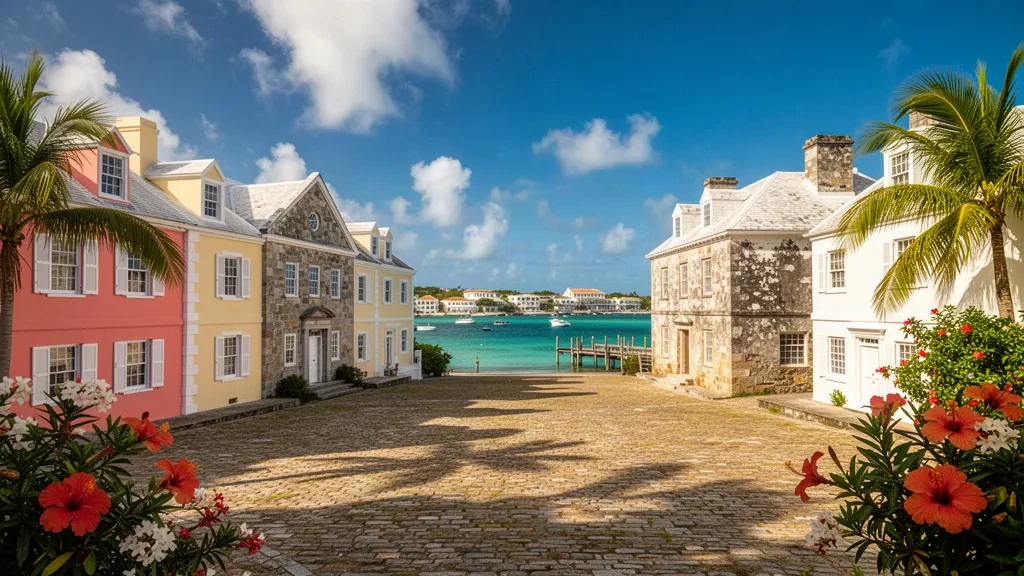 King's Square in the historic town of St. George's, Bermuda, with pastel colonial buildings and turquoise harbour water