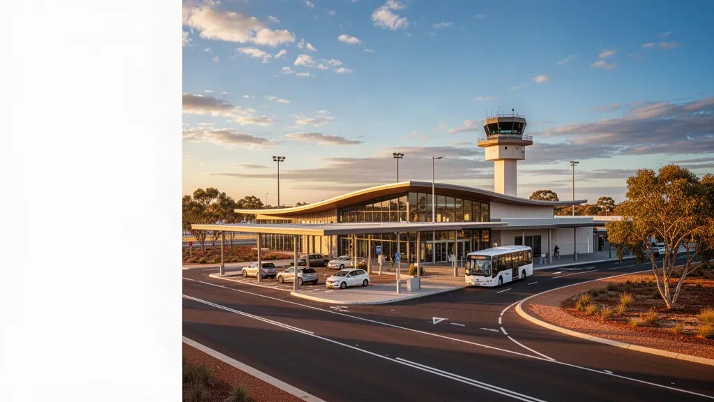 Exterior moderno de la terminal del aeropuerto de Geraldton con fachada de cristal, zona de descenso y una cálida iluminación de hora dorada, ideal para sitios web de viajes y transporte.