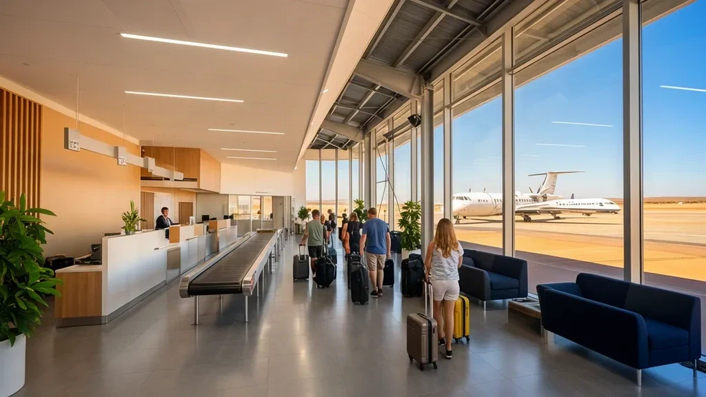 Interior luminoso de la terminal del aeropuerto de Geraldton en Australia Occidental con mostradores de facturación y viajeros junto a ventanas soleadas