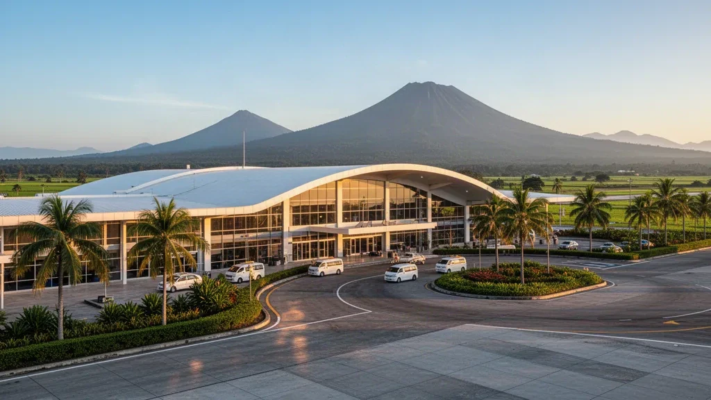 Exterior de una moderna terminal tropical y carriles de descenso en el Aeropuerto Internacional de General Santos con el monte Matutum al fondo