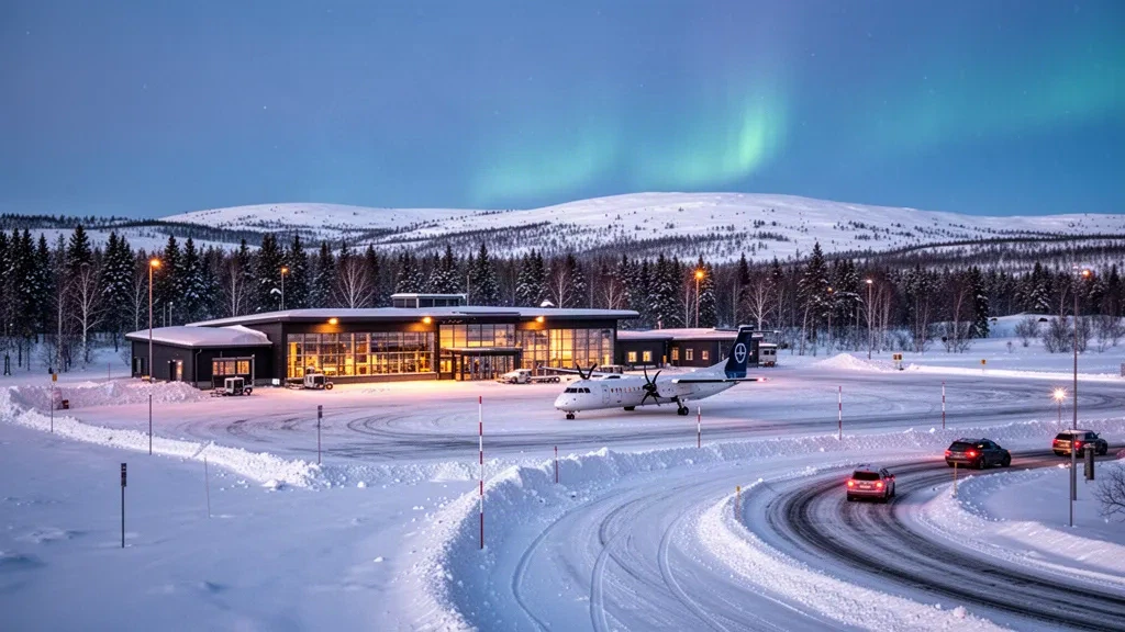Piazzale aeromobili innevato e moderno terminal in vetro all'Aeroporto di Gällivare nella Lapponia svedese durante l'ora blu del crepuscolo invernale