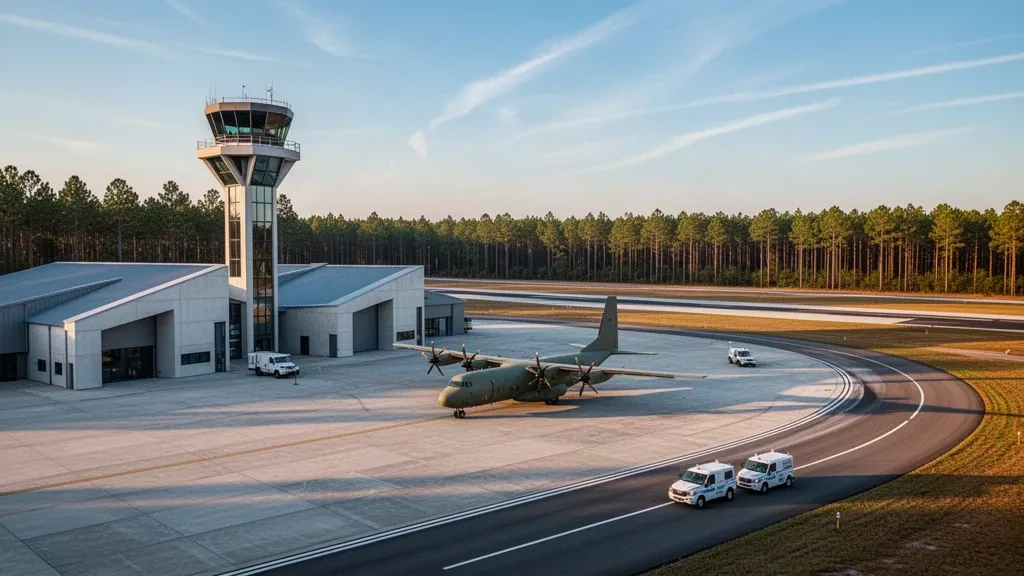 Wide golden-hour view of Pope Field airfield near Fayetteville, North Carolina, with hangars, control tower and a parked transport aircraft