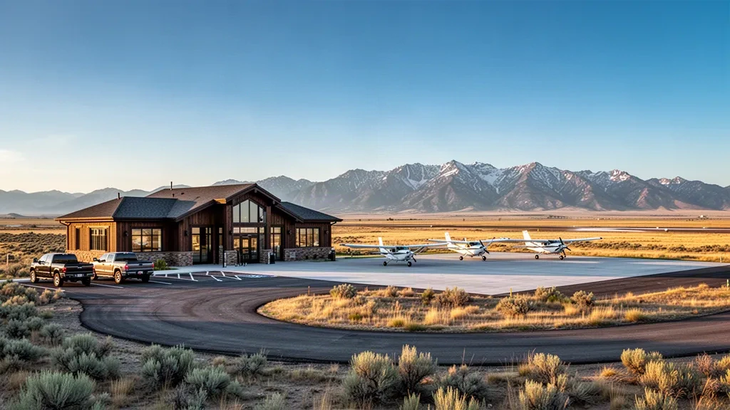 Terminal rural del Aeropuerto South Big Horn County cerca de Greybull, Wyoming, a la hora dorada bajo las lejanas montañas Bighorn.