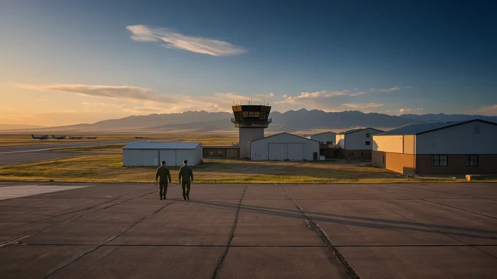 Malmstrom Air Force Base GFA airfield with control tower, hangars and Montana prairie at golden hour