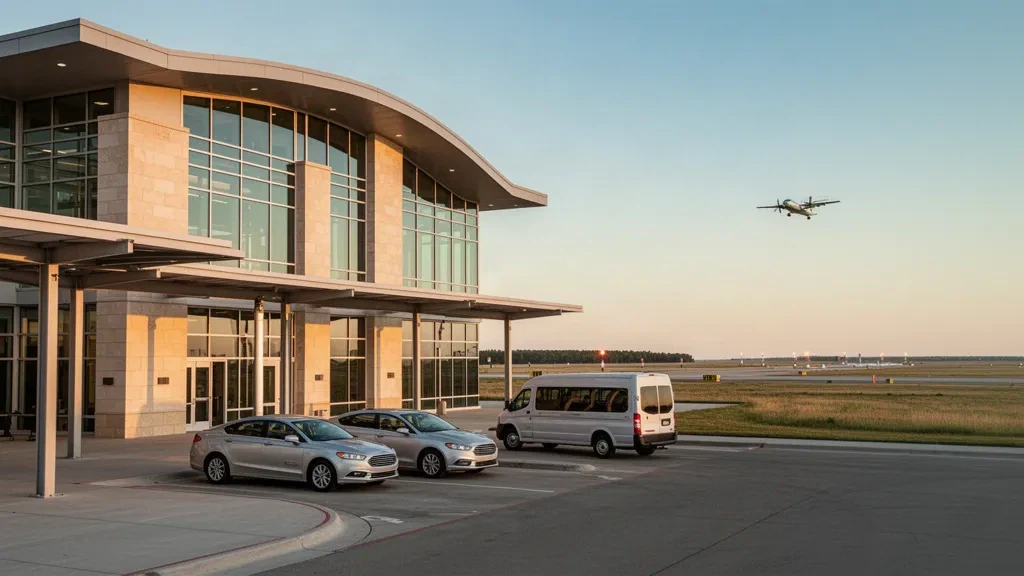 Modern glass terminal exterior and curbside drop-off at Grand Forks International Airport under warm golden-hour prairie light