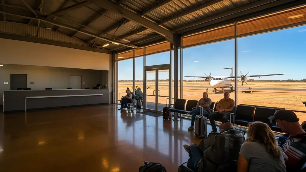 Intérieur du terminal de l'aéroport de Griffith GFF en Nouvelle-Galles du Sud avec comptoirs d'enregistrement, sièges d'attente et vues sur le tarmac
