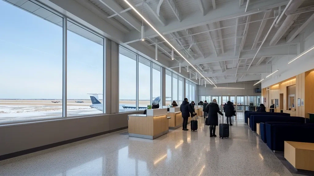 Geräumiges Terminalinneres am Grand Forks International Airport mit Check-in-Schaltern, Reisenden im Winter und Prärieblick durch die Fenster