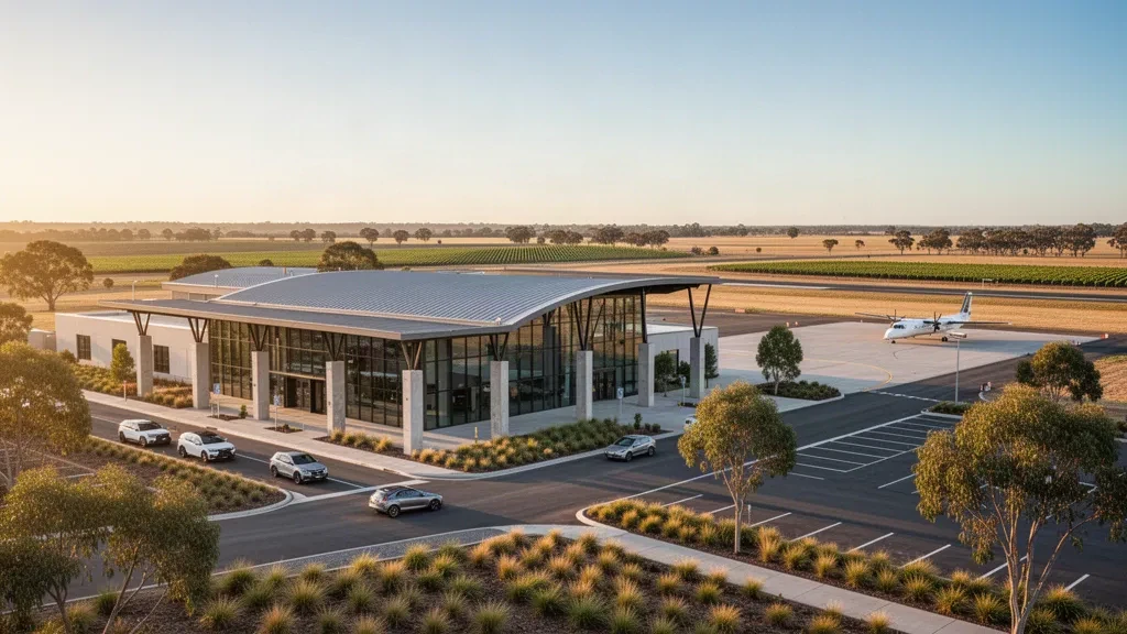 Terminal moderno e area di sosta per la riconsegna all'Aeroporto di Griffith nel Nuovo Galles del Sud, Australia, sotto una calda luce dorata.