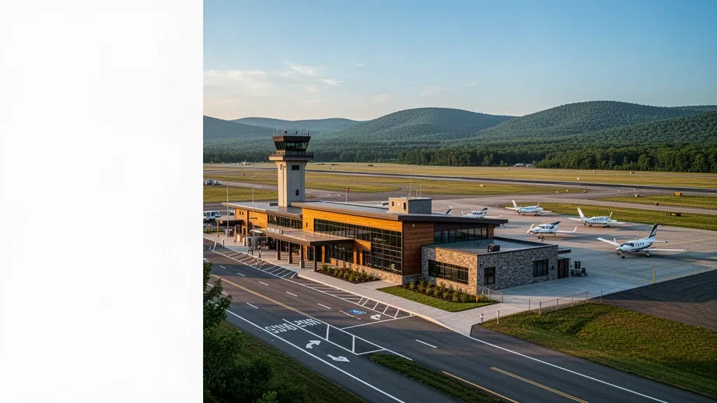 Terminal et piste de l'aéroport Floyd Bennett Memorial GFL près de Glens Falls, New York, avec les monts Adirondack à l'heure dorée