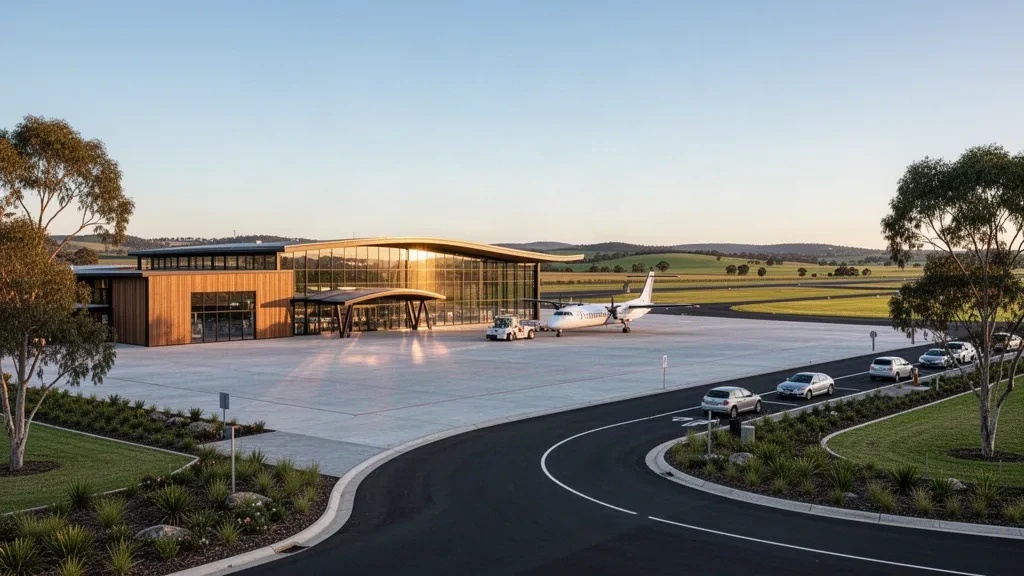 Grafton, NSW yakınlarındaki Clarence Valley Regional Havaalanı'nda sıcak altın saat ışığıyla parlayan modern cam terminal ve indirme şeridi