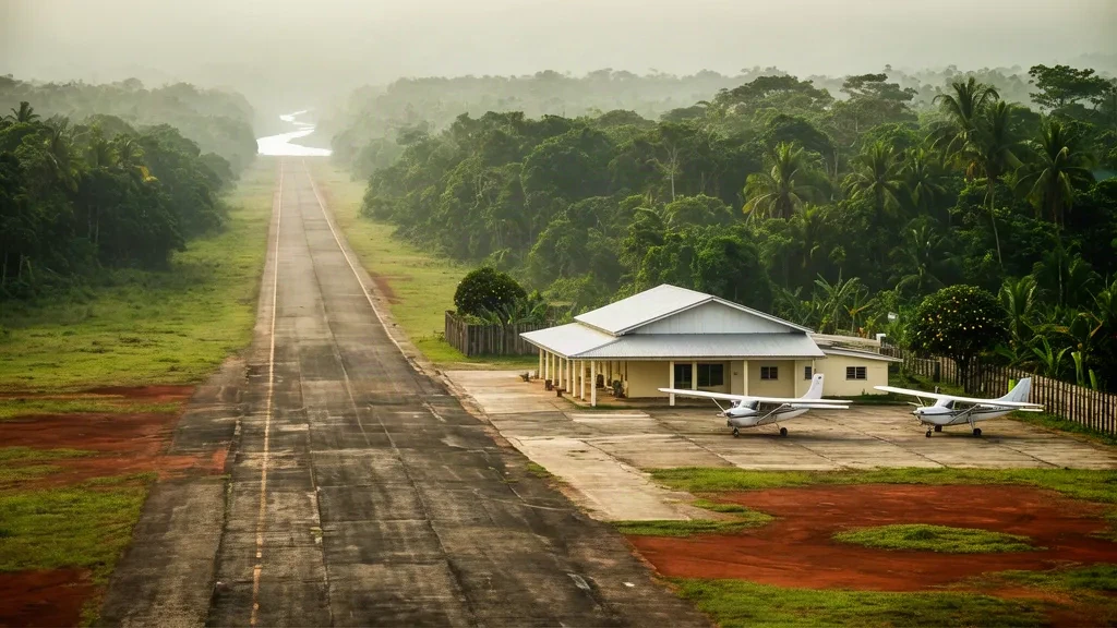 Pequeña plataforma de aeropuerto tropical y edificio bajo de terminal en el Aeropuerto de Bartica GFO, en Guyana, rodeados de selva tropical y avionetas ligeras estacionadas