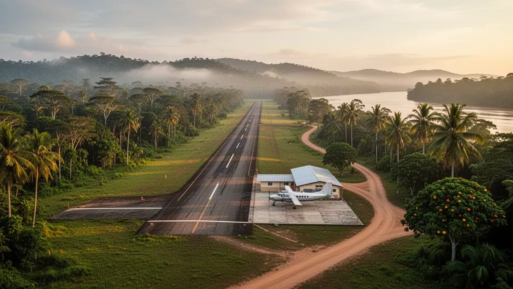 Piccola pista regionale a Bartica, Guyana, con un aereo leggero accanto a un modesto terminal e, sullo sfondo, foresta pluviale e fiume