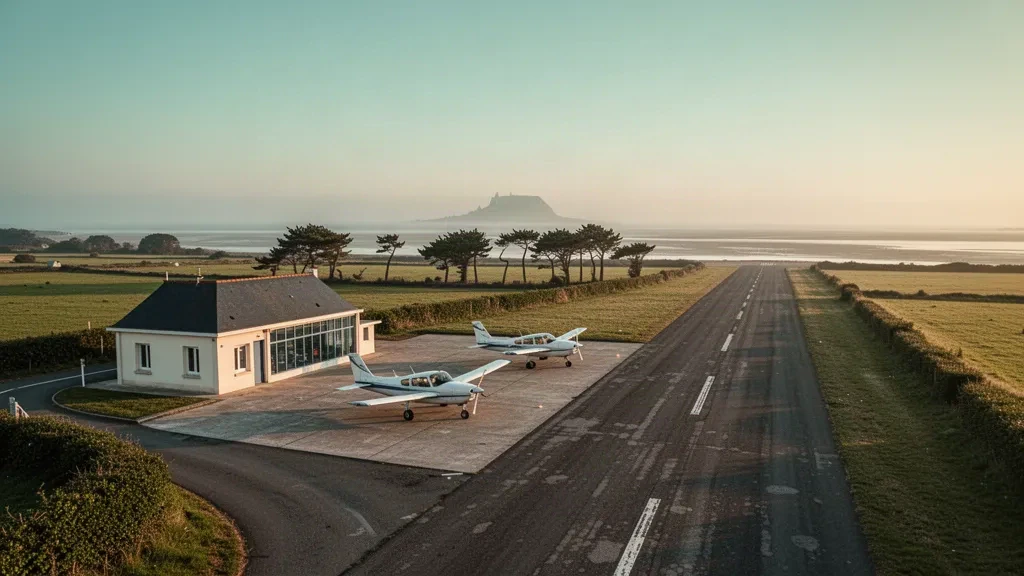 Light aircraft parked on the apron beside a low terminal building at Granville Airport in Normandy, France, lit by warm golden-hour light