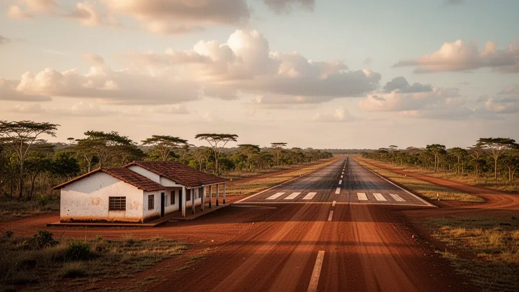 Angola'daki Lumbala Havaalanı'nın altın saatlerdeki görünümü; küçük bir terminal, kızıl toprak yol ve tropikal ormanla çevrili sakin bir pist.