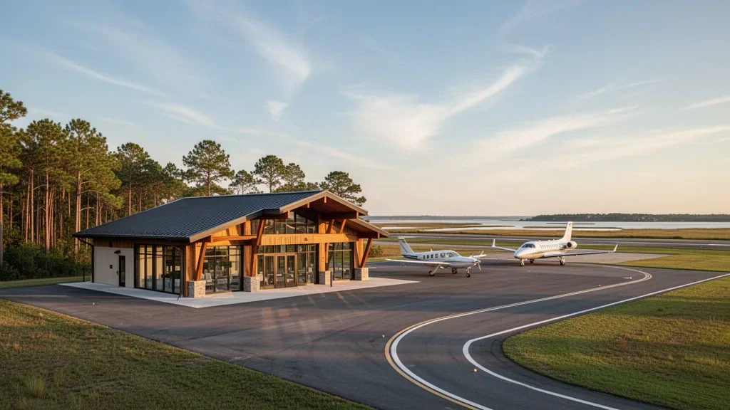 Veduta dell'ora d'oro del moderno terminal e del piazzale dell'aeroporto di Georgetown County, incorniciati dai pini e dalle paludi del Lowcountry della Carolina del Sud.