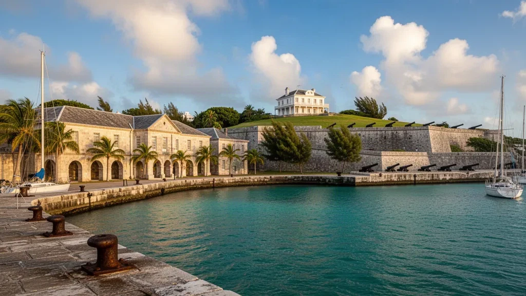 Historische Uferpromenade des Royal Naval Dockyard in Sandys Parish, Bermuda, mit türkisfarbenem Hafenwasser, Marinegebäuden aus Kalkstein und palmengesäumten Kais