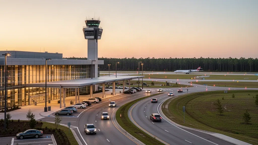 Longview, Texas yakınlarındaki East Texas Regional Airport'ta altın saatlerde modern cam havaalanı terminali ve kontrol kulesi, yol kenarı erişim yollarıyla birlikte