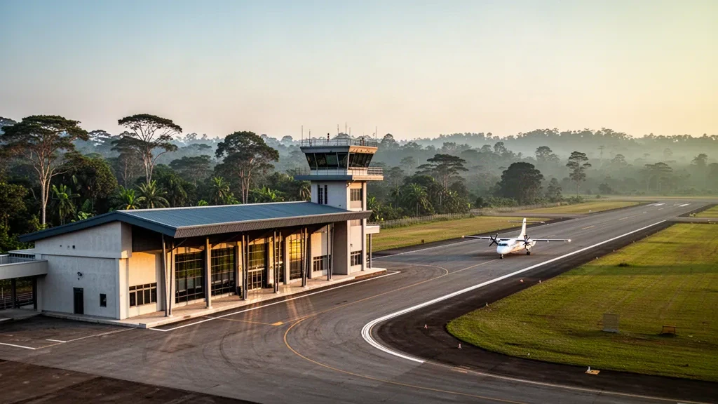 Kompaktes regionales Flughafenterminal und Vorfeld am Kakamega Airport in Kenia, umgeben von üppig grünen tropischen Hügeln in warmem Nachmittagslicht