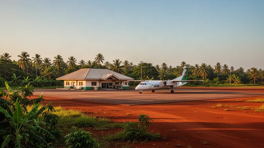 Pequeña terminal regional en el aeropuerto de Gagnoa, en Costa de Marfil, con un avión turbohélice en la plataforma y vegetación tropical exuberante.