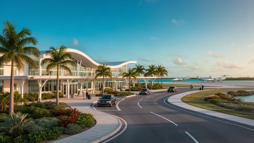 Exuma International Airport GGT terminal and drop-off lane in the Bahamas at golden hour.