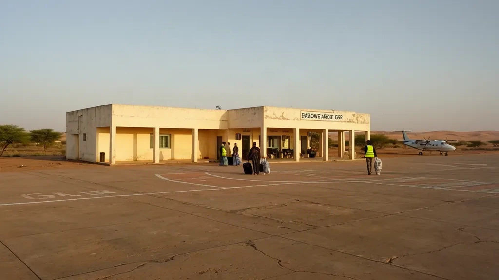 Schlichtes Terminalgebäude und staubiges Vorfeld am Flughafen Garowe (GGR) in Puntland, Somalia, unter einem weiten blassen Himmel