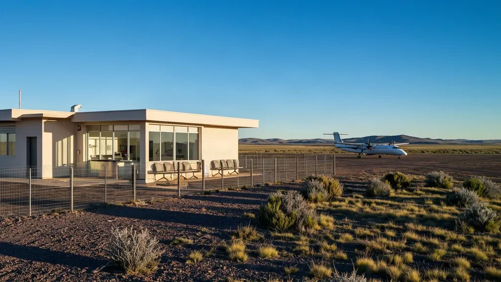 Small terminal building and windswept apron at Gobernador Gregores Airport on the Patagonian steppe of Santa Cruz, Argentina