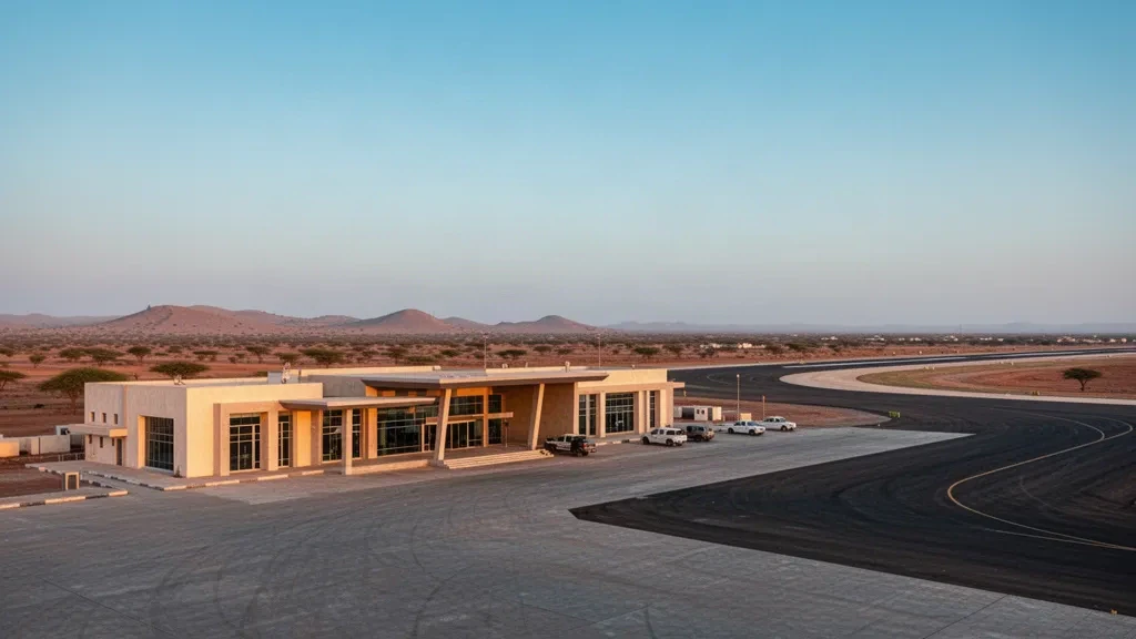 Somali'nin Puntland bölgesindeki Garowe Havalimanı'nda kurak ovaların ve sıcak ikindi ışığının altında modern terminal binası ve açık ön avlu