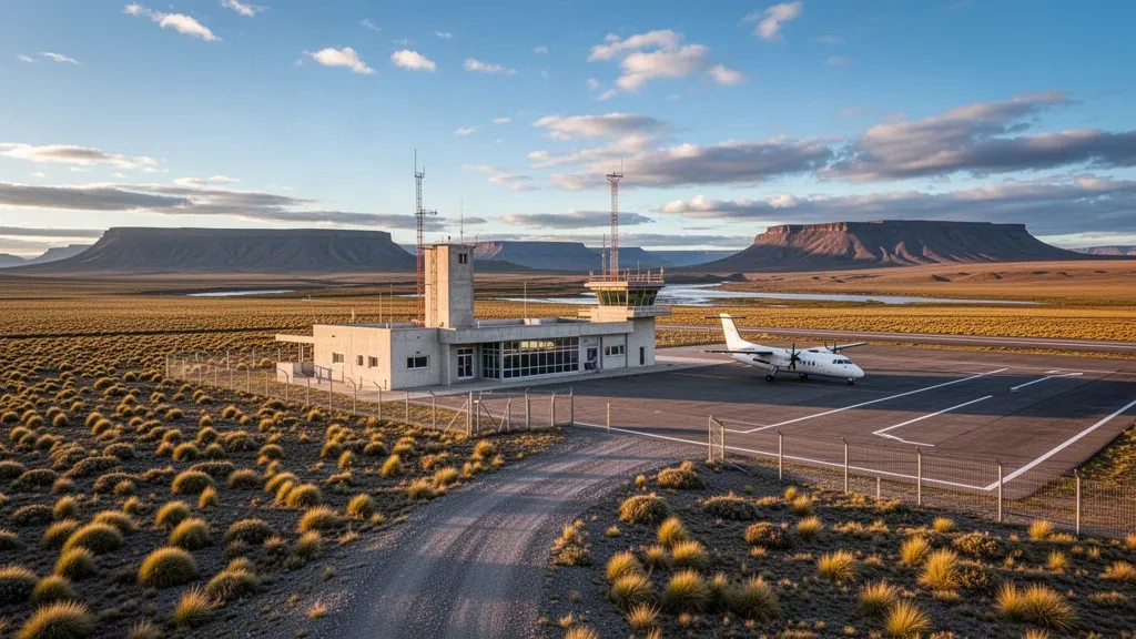 Vue large de l'aéroport Gobernador Gregores en Patagonie avec son petit terminal, son tarmac clôturé et la steppe balayée par le vent sous un vaste ciel.
