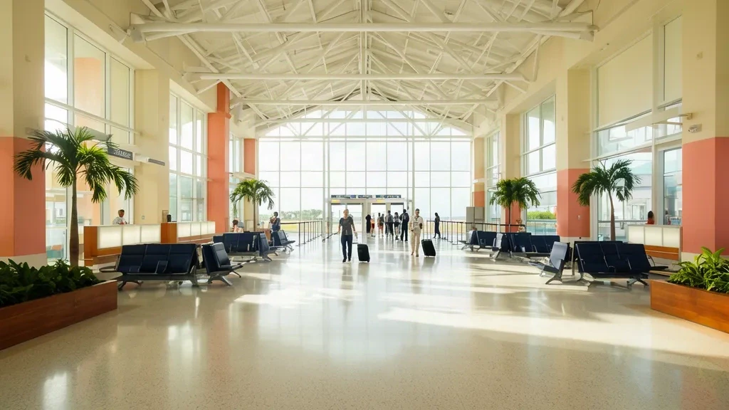 Bahamalar'daki Exuma Uluslararası Havalimanı'nın aydınlık ve modern terminal iç mekânında yürüyen yolcular