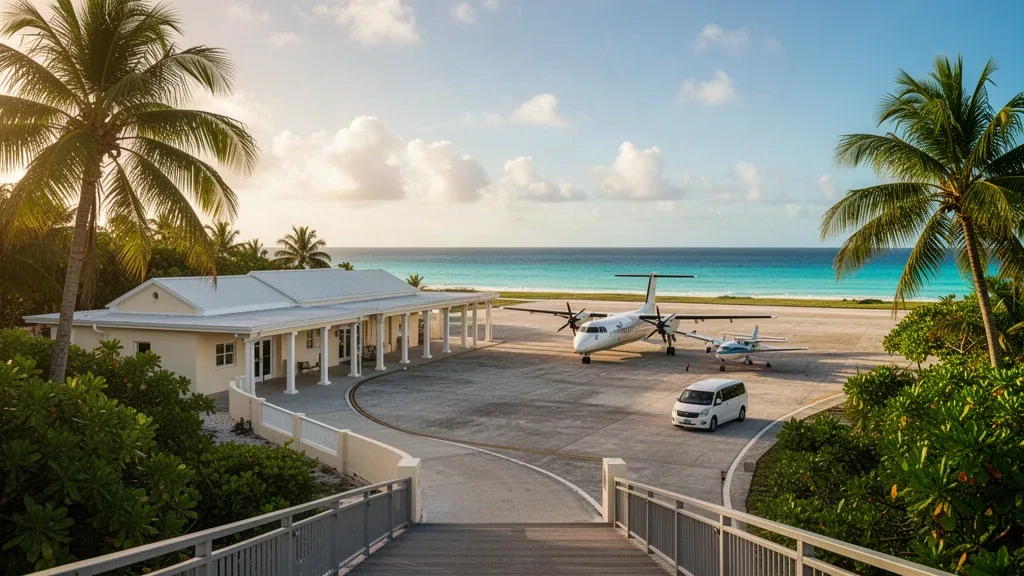 Petit terminal d'aéroport insulaire sur Eleuthera, aux Bahamas, encadré de palmiers avec une eau turquoise des Caraïbes et une lumière dorée