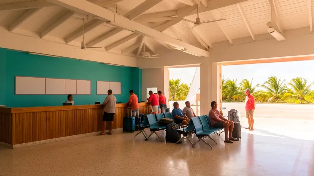 Intérieur du petit terminal de l'aéroport de Governor's Harbour GHB à Eleuthera, aux Bahamas, avec comptoir d'enregistrement, sièges d'attente et lumière tropicale