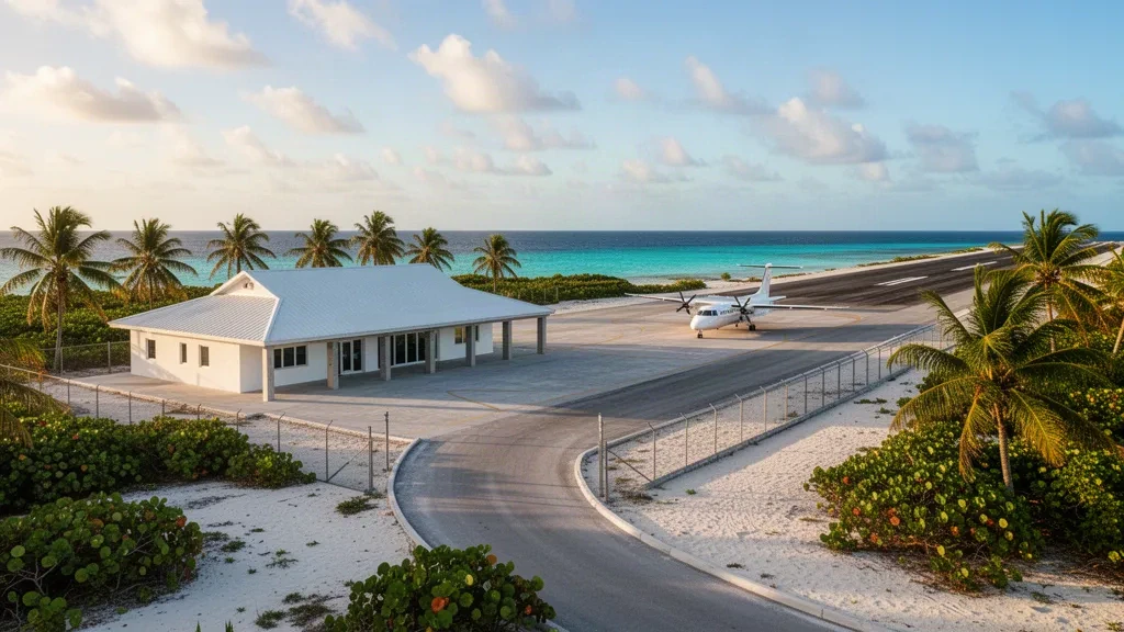 Piccolo terminal e pista sull'isola di Great Harbour Cay Airport nelle Berry Islands, Bahamas, incorniciati da palme e acqua turchese