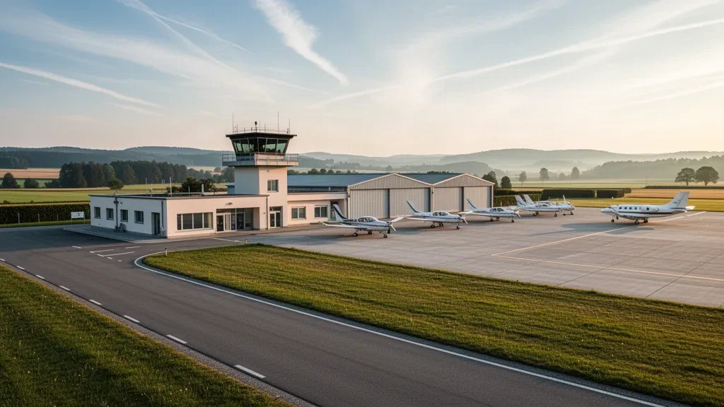 Giebelstadt Airport apron with light aircraft and hangars glowing in golden hour light in the Bavarian countryside near Würzburg