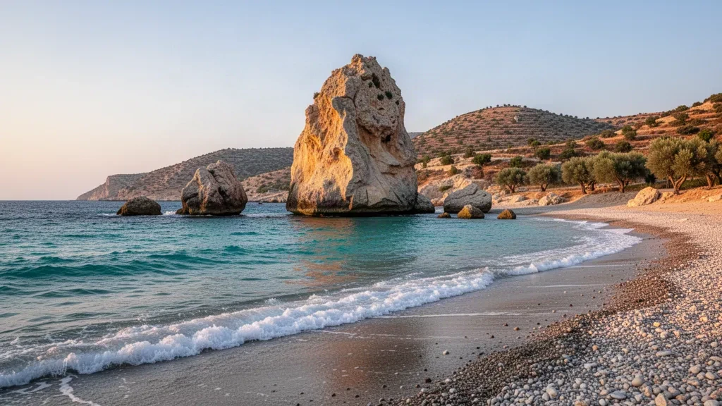 Der Felsen der Aphrodite, ein Brandungspfeiler, der zur goldenen Stunde aus türkisfarbenen Mittelmeerwellen vor der Küste von Paphos in Zypern aufragt