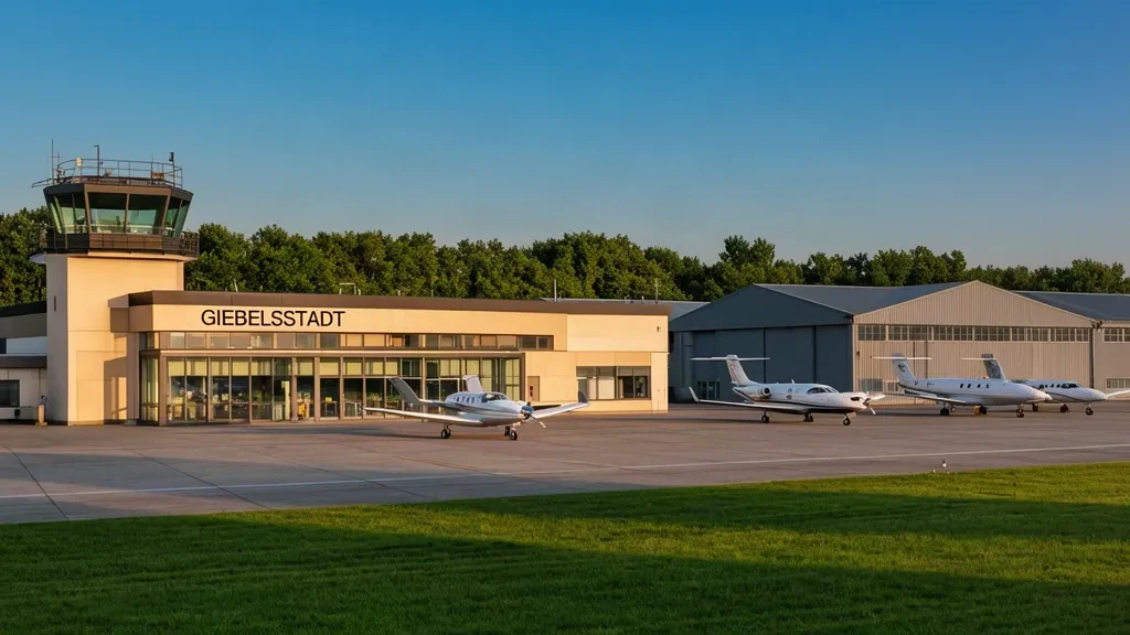 Vue extérieure du terminal de l'aéroport de Giebelstadt en Bavière avec des aéronefs d'aviation générale stationnés sur l'aire de trafic sous un ciel dégagé.
