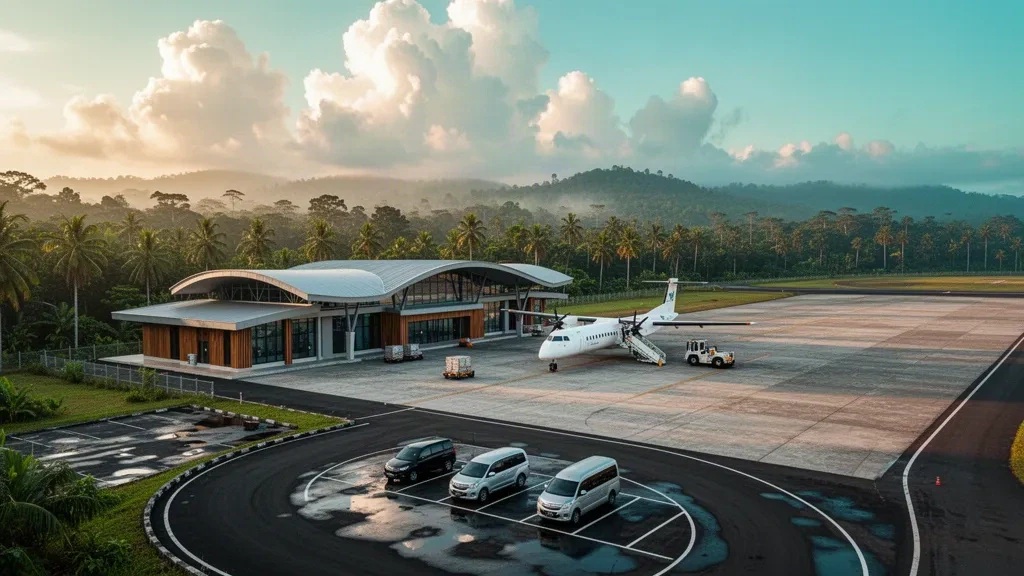 Modern tropical terminal at Melalan Airport in East Kalimantan, with a turboprop on the apron and rainforest hills at golden hour.