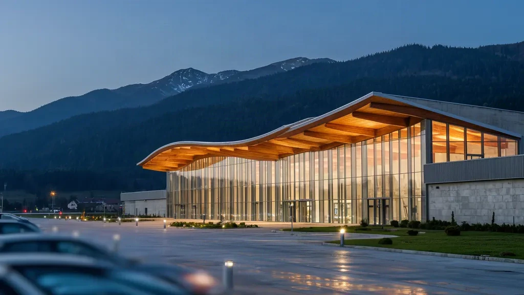Modern timber-roofed terminal of Brașov-Ghimbav International Airport glowing at dusk with the Carpathian foothills behind