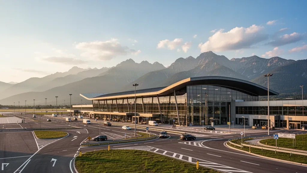Exterior moderno de cristal de la terminal del Aeropuerto Internacional de Brașov-Ghimbav a la hora dorada, con vías de acceso y los montes Cárpatos al fondo.