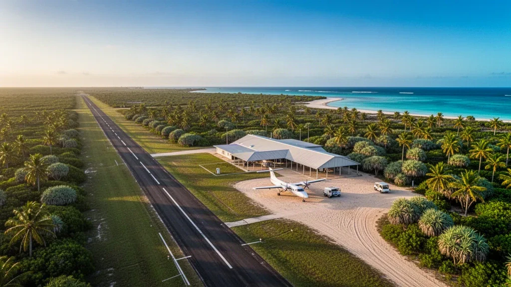 Pista de aterrizaje tropical remota y pequeña terminal en el Aeropuerto de Boigu Island en el Estrecho de Torres, Queensland, bajo un cielo despejado de finales de la tarde