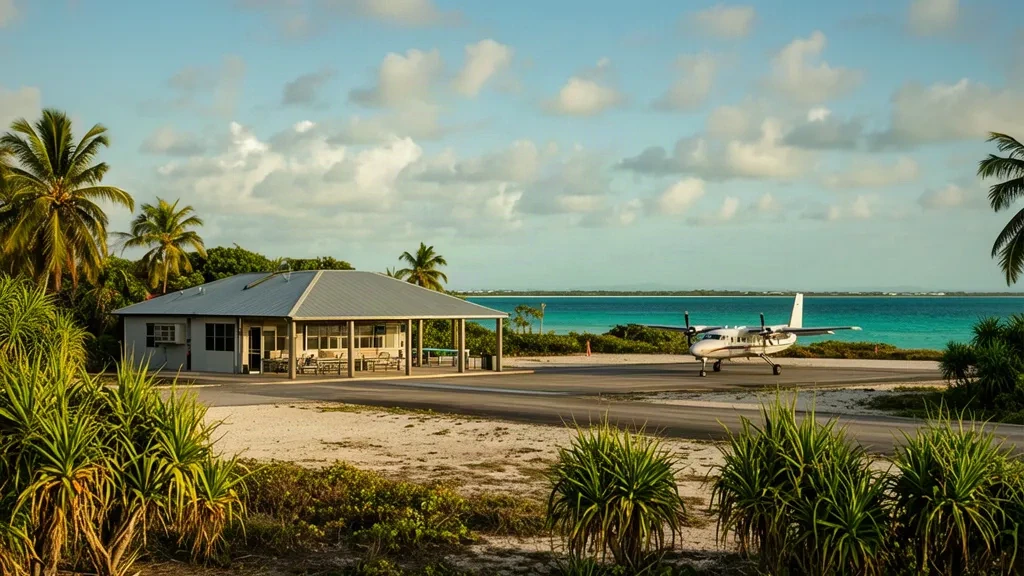 Petit terminal insulaire tropical et piste d'atterrissage à l'aéroport de Boigu Island (GIC) dans le détroit de Torres, Queensland, avec la mer turquoise au-delà