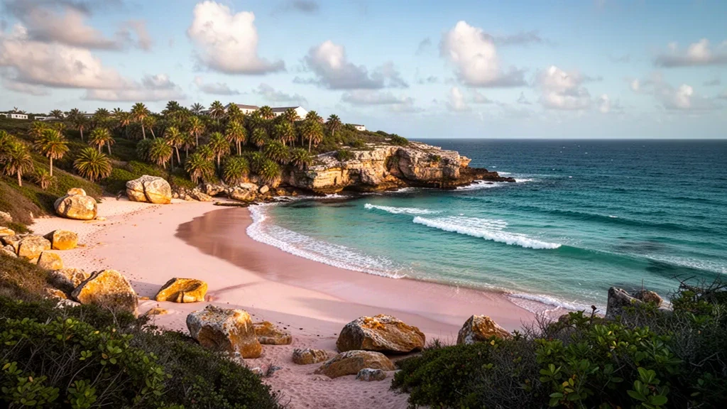 Playa de arena rosada y formaciones rocosas de piedra caliza en Warwick Long Bay, en la parroquia de Warwick, Bermudas, bajo la suave luz atlántica de la mañana