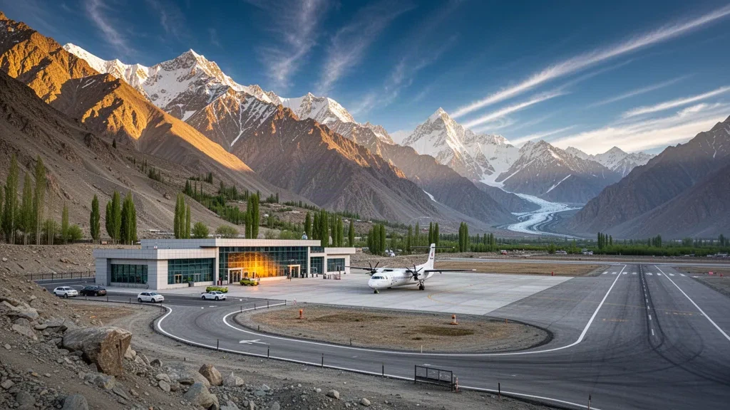 Piccolo terminal aeroportuale regionale con un aereo turboelica sul piazzale e le montagne del Karakorum innevate sullo sfondo a Gilgit