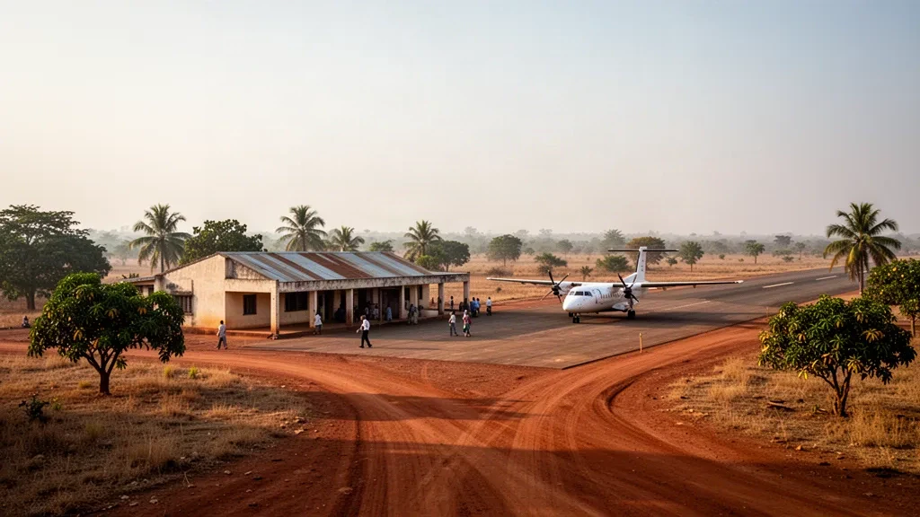 Terminal basso, piazzale e pista all'aeroporto di Siguiri in Guinea, Africa occidentale, con luce calda del tardo pomeriggio