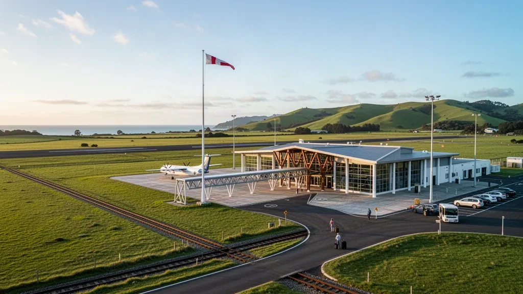 Gisborne Airport terminal building and runway in New Zealand with green pastureland, a parked turboprop and warm coastal afternoon light